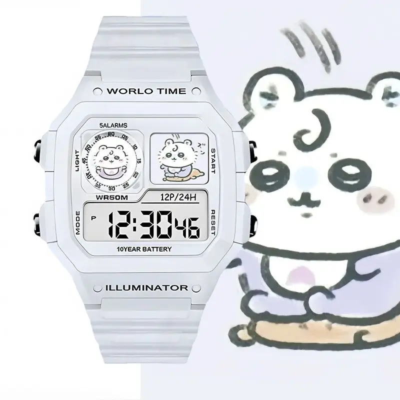 Outdoor Sport Watch - かわいいちいかわアニメデジタル腕時計 防水 5つのアラーム機能付き 12/24時間表示 ライト付き スポーツスクエア電子腕時計